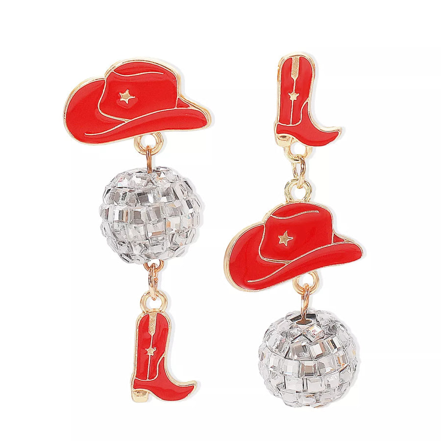 Asymmetrical Cowgirl Boot Hat Ball Dangle Earrings Apparel and Accessories