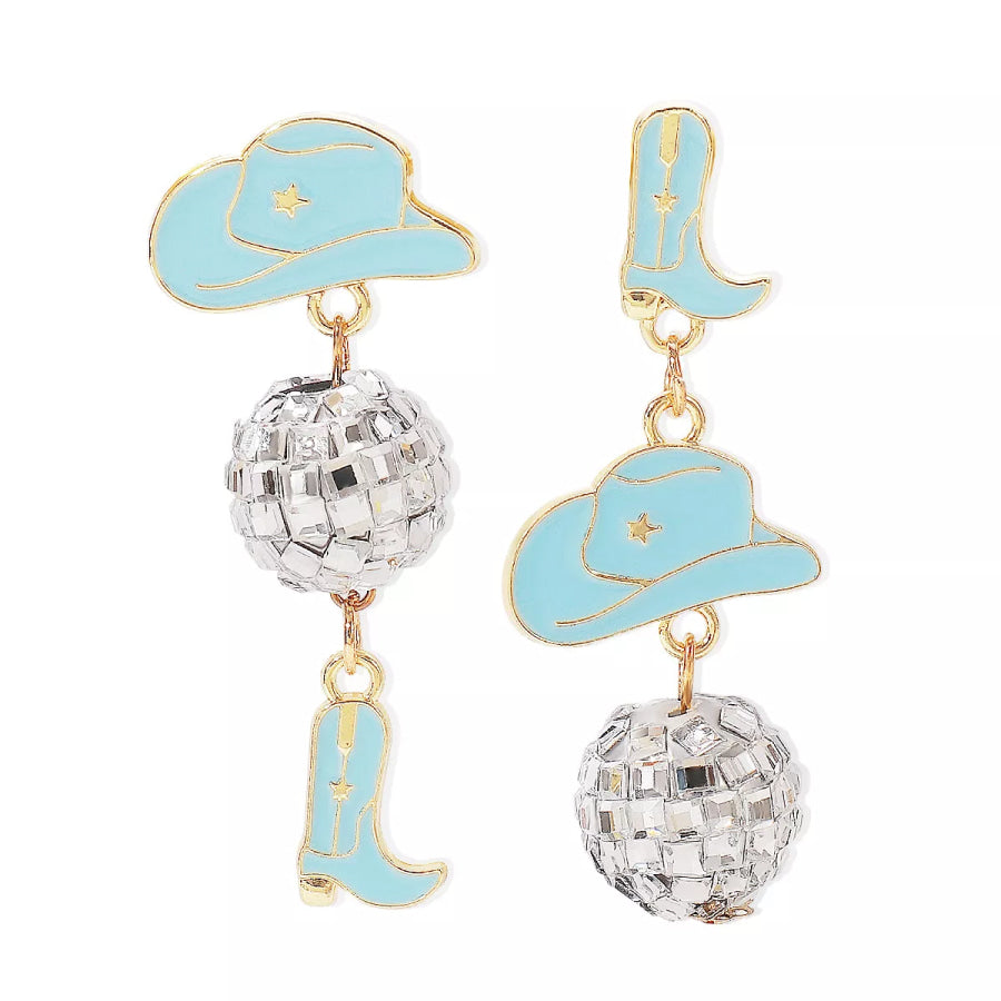 Asymmetrical Cowgirl Boot Hat Ball Dangle Earrings Blue / One Size Apparel and Accessories