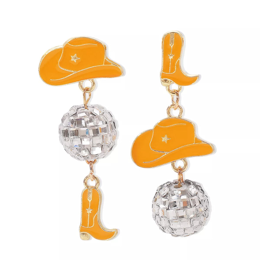 Asymmetrical Cowgirl Boot Hat Ball Dangle Earrings Orange / One Size Apparel and Accessories
