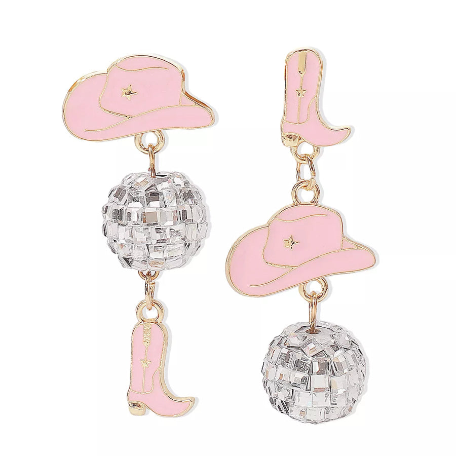 Asymmetrical Cowgirl Boot Hat Ball Dangle Earrings Pink / One Size Apparel and Accessories