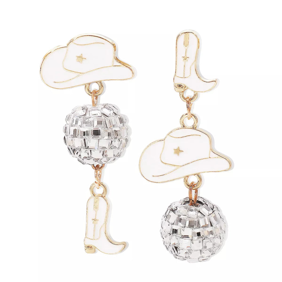 Asymmetrical Cowgirl Boot Hat Ball Dangle Earrings White / One Size Apparel and Accessories