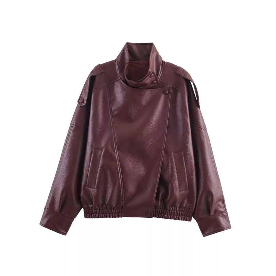 Asymmetrical Faux Leather Moto Jacket Burgundy / XS Apparel and Accessories