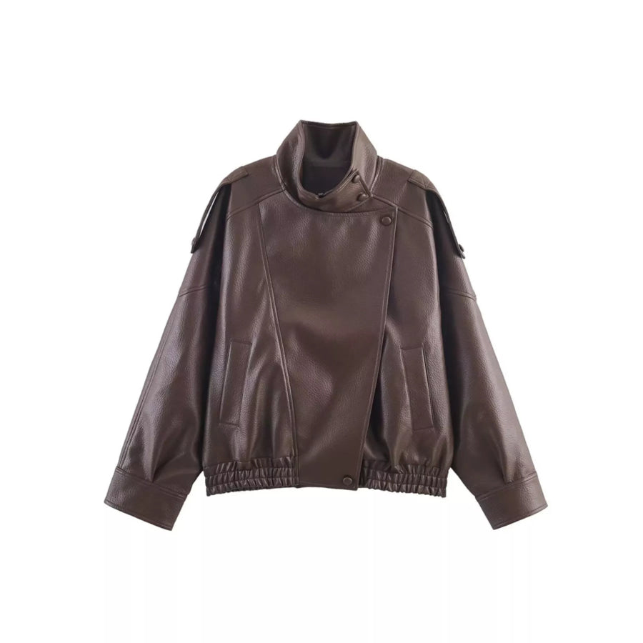 Asymmetrical Faux Leather Moto Jacket Dark Brown / XS Apparel and Accessories