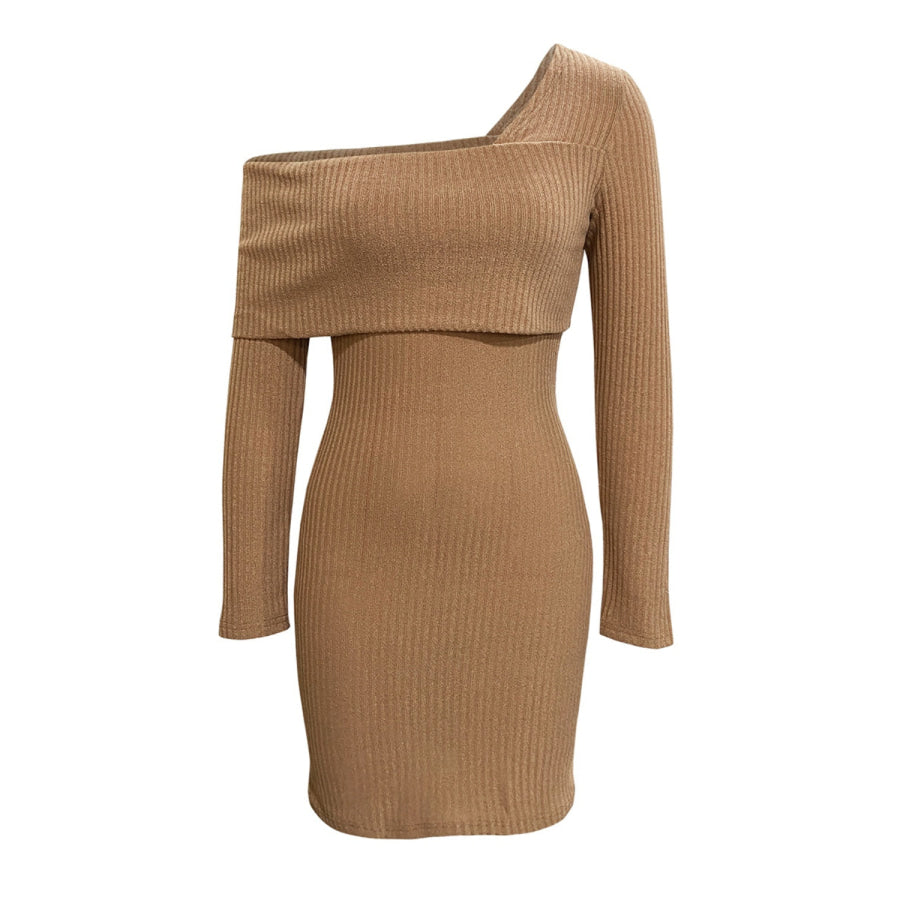 Asymmetrical Fold-Over Neck Ribbed Mini Dress Apparel and Accessories