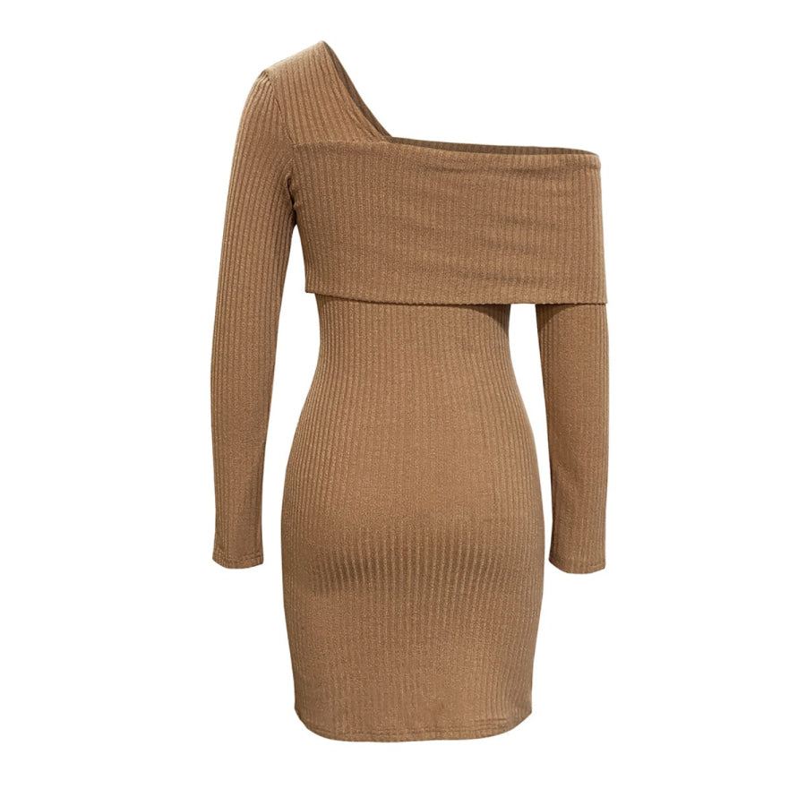 Asymmetrical Fold-Over Neck Ribbed Mini Dress Apparel and Accessories