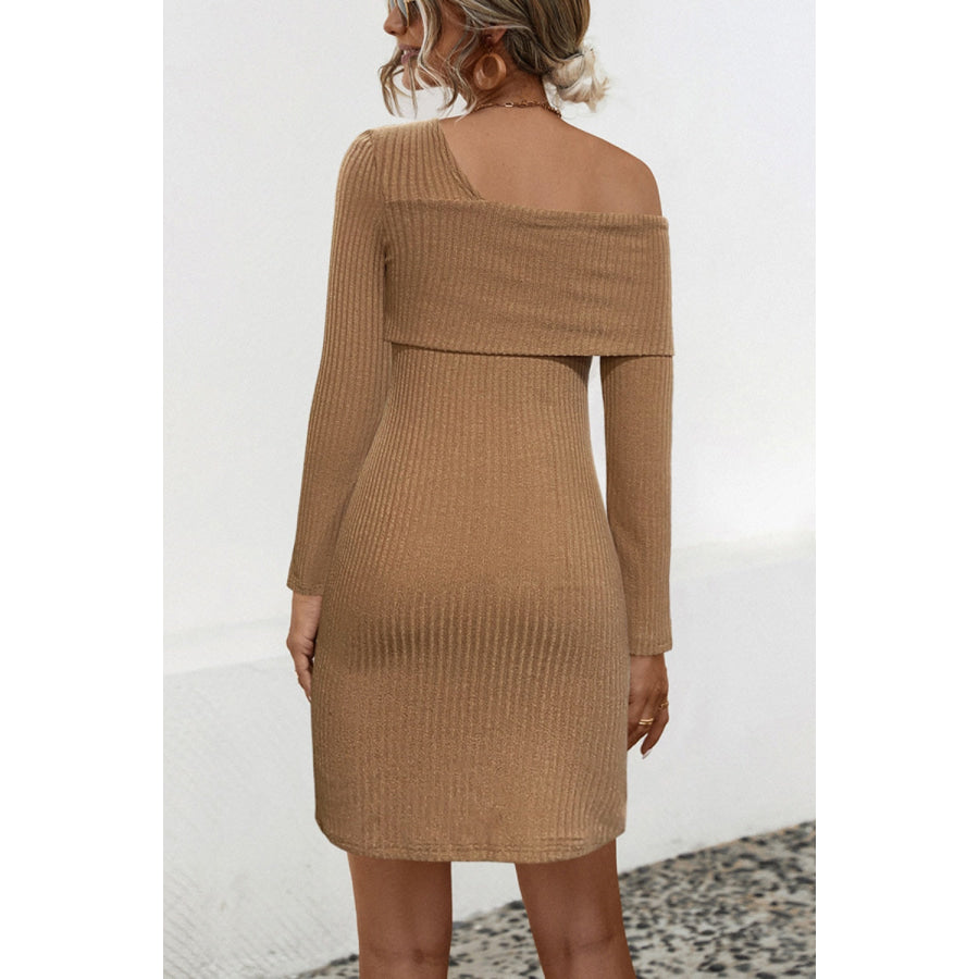 Asymmetrical Fold-Over Neck Ribbed Mini Dress Apparel and Accessories