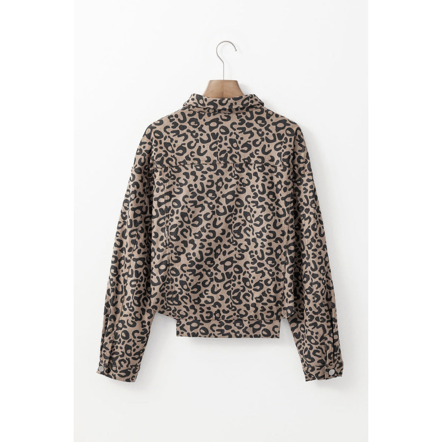 Asymmetrical Hem Collared Neck Leopard Jacket Apparel and Accessories