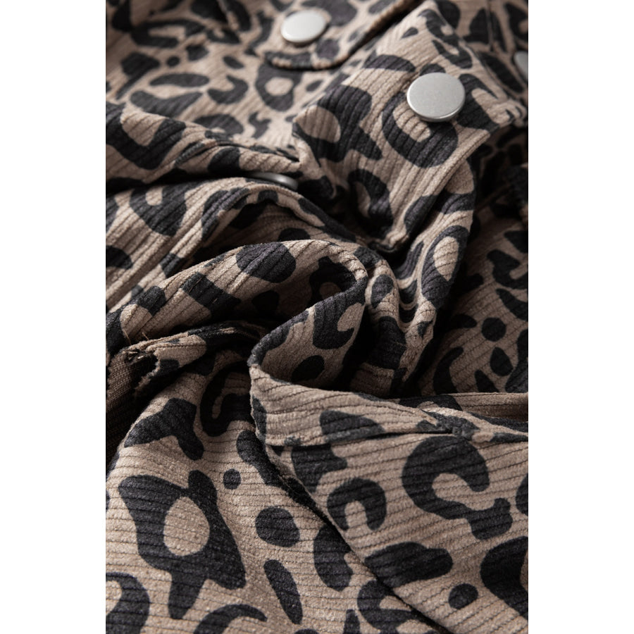 Asymmetrical Hem Collared Neck Leopard Jacket Apparel and Accessories