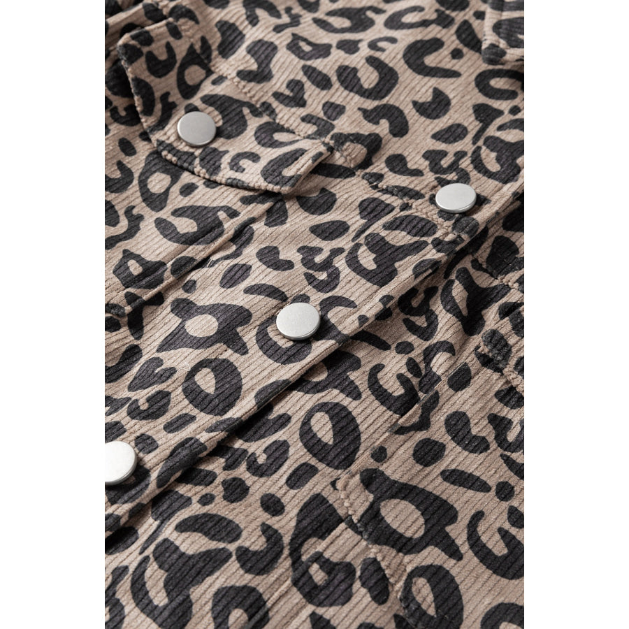 Asymmetrical Hem Collared Neck Leopard Jacket Apparel and Accessories