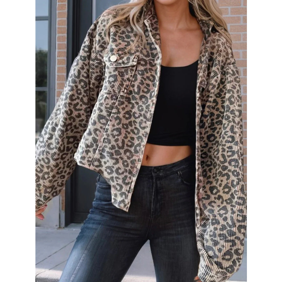 Asymmetrical Hem Collared Neck Leopard Jacket Apparel and Accessories