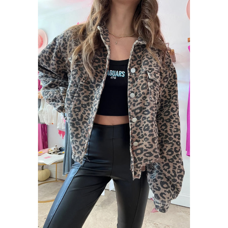 Asymmetrical Hem Collared Neck Leopard Jacket Apparel and Accessories