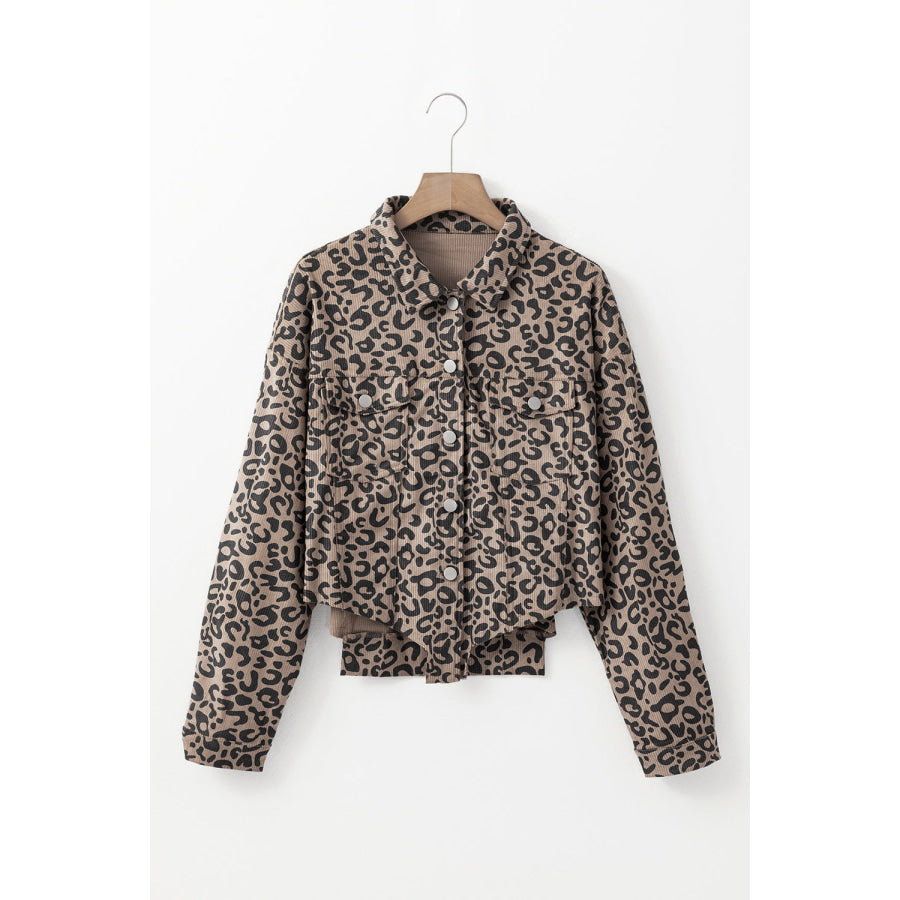 Asymmetrical Hem Collared Neck Leopard Jacket Apparel and Accessories