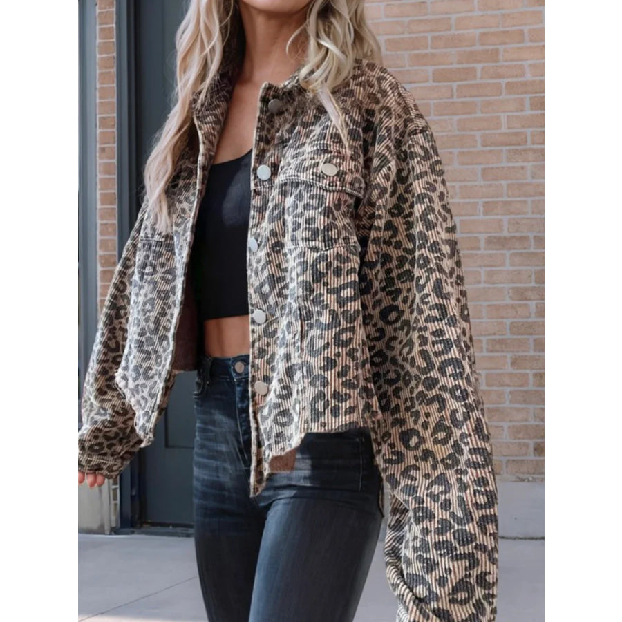 Asymmetrical Hem Collared Neck Leopard Jacket Leopard / S Apparel and Accessories