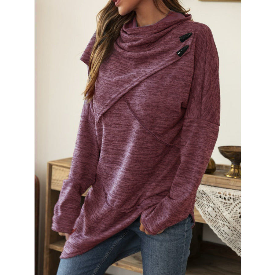 Asymmetrical Hem Cowl Neck Long Sleeve T-Shirt Apparel and Accessories