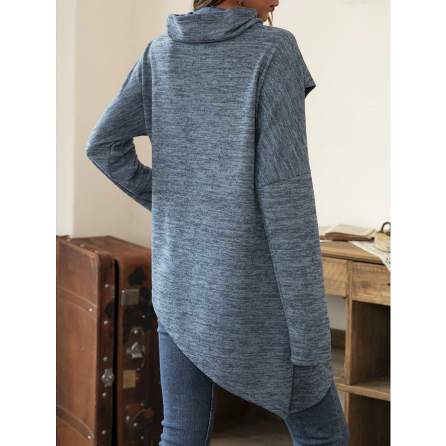 Asymmetrical Hem Cowl Neck Long Sleeve T-Shirt Dusty Blue / S Apparel and Accessories