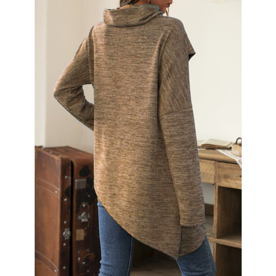 Asymmetrical Hem Cowl Neck Long Sleeve T-Shirt Apparel and Accessories