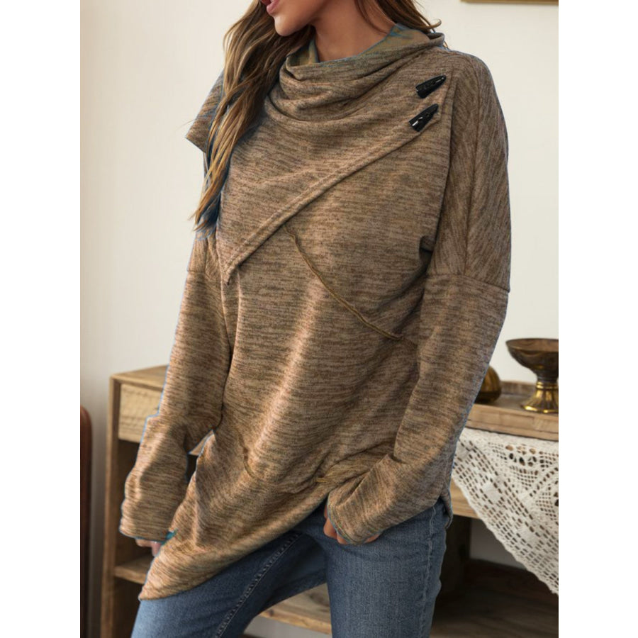 Asymmetrical Hem Cowl Neck Long Sleeve T-Shirt Apparel and Accessories