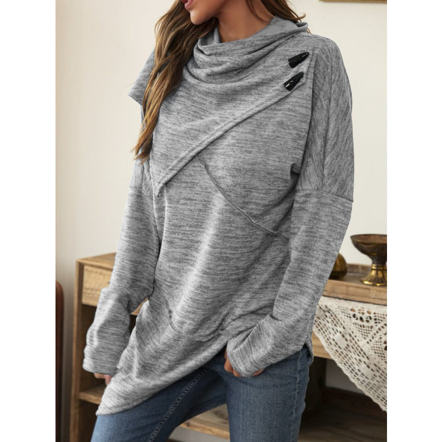 Asymmetrical Hem Cowl Neck Long Sleeve T-Shirt Apparel and Accessories