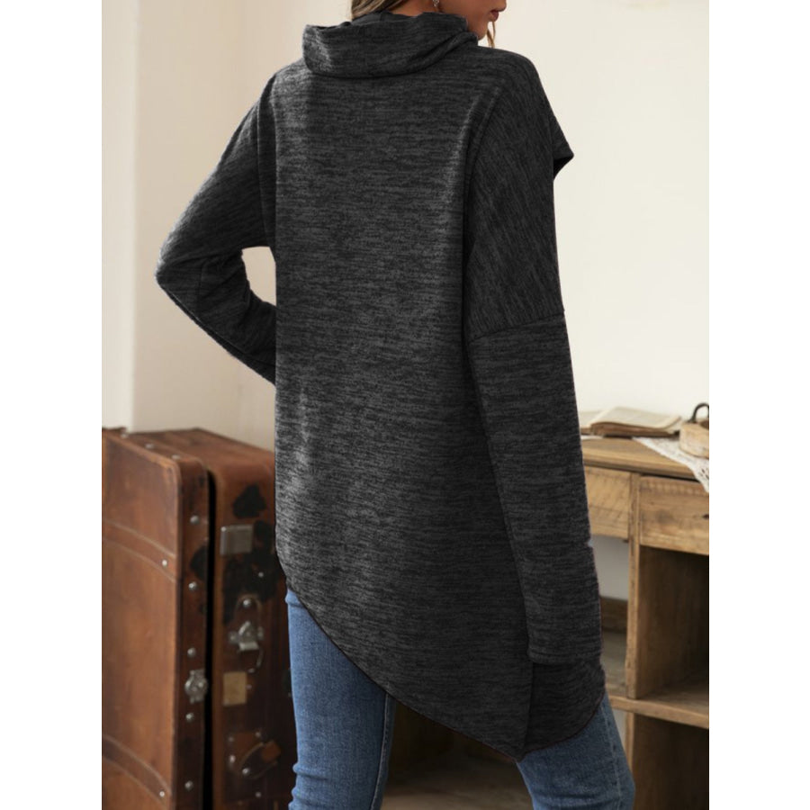 Asymmetrical Hem Cowl Neck Long Sleeve T-Shirt Apparel and Accessories