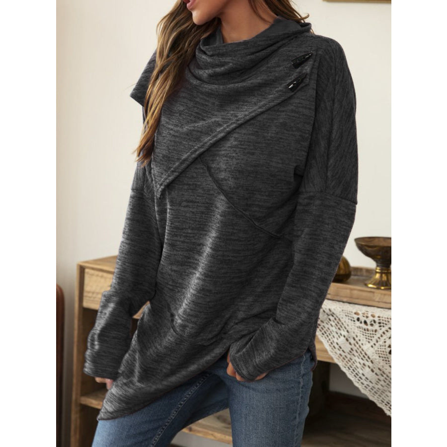 Asymmetrical Hem Cowl Neck Long Sleeve T-Shirt Apparel and Accessories