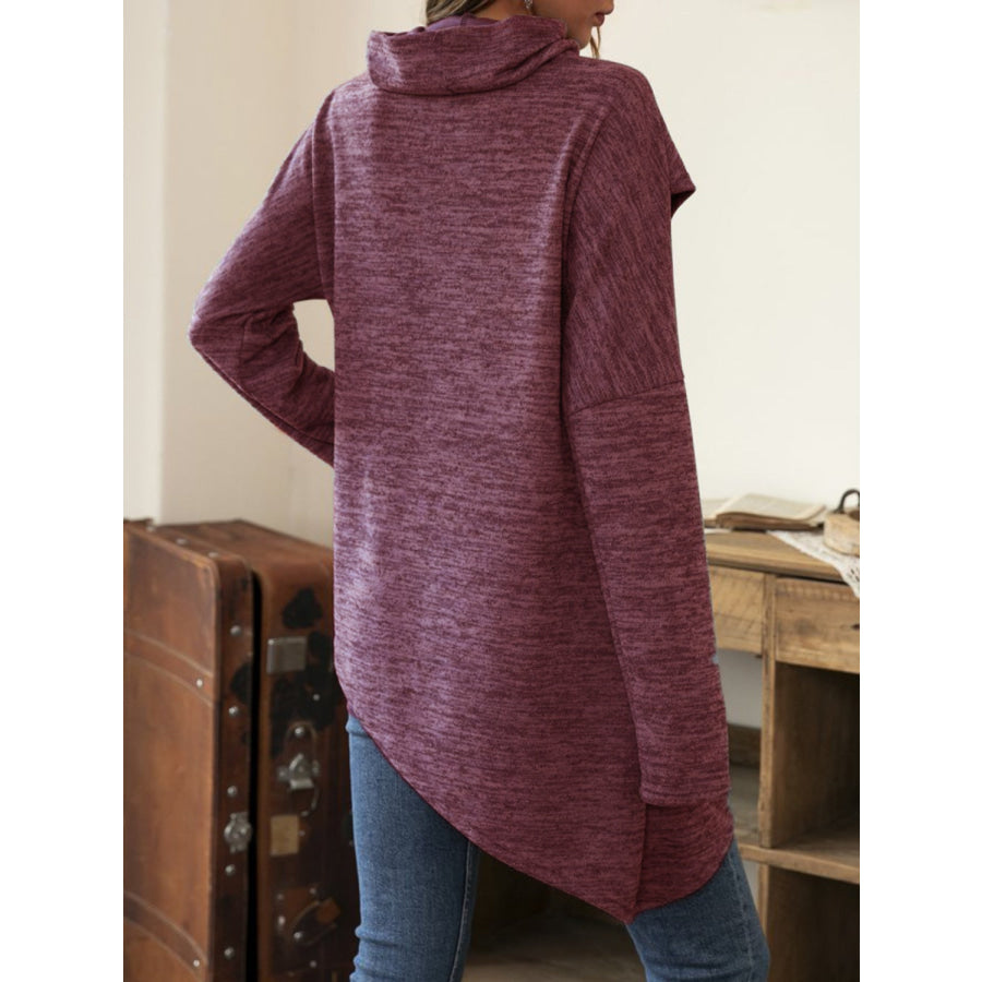 Asymmetrical Hem Cowl Neck Long Sleeve T-Shirt Apparel and Accessories