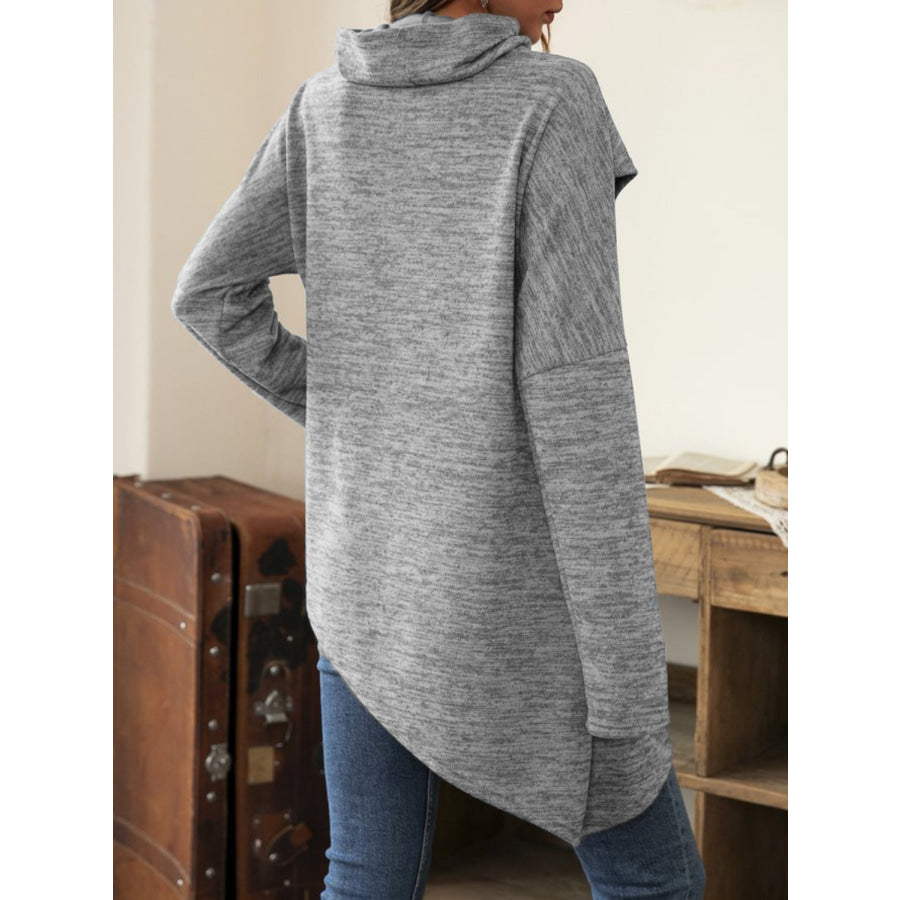 Asymmetrical Hem Cowl Neck Long Sleeve T-Shirt Apparel and Accessories