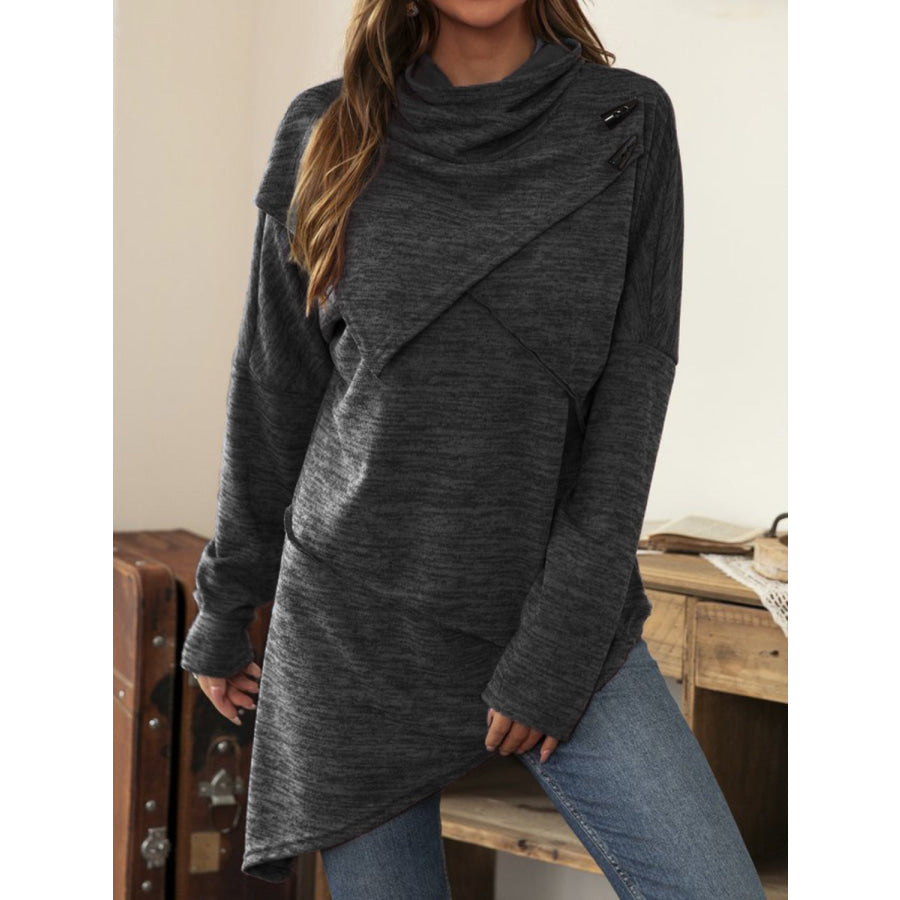 Asymmetrical Hem Cowl Neck Long Sleeve T-Shirt Black / S Apparel and Accessories