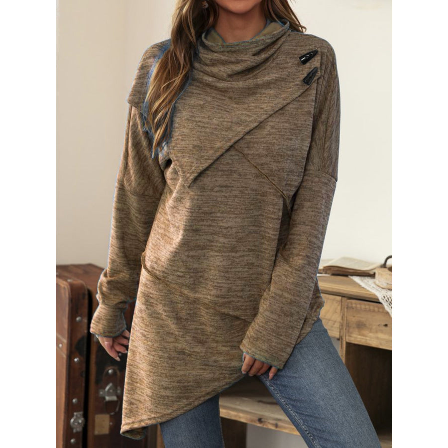 Asymmetrical Hem Cowl Neck Long Sleeve T-Shirt Coffee Brown / S Apparel and Accessories