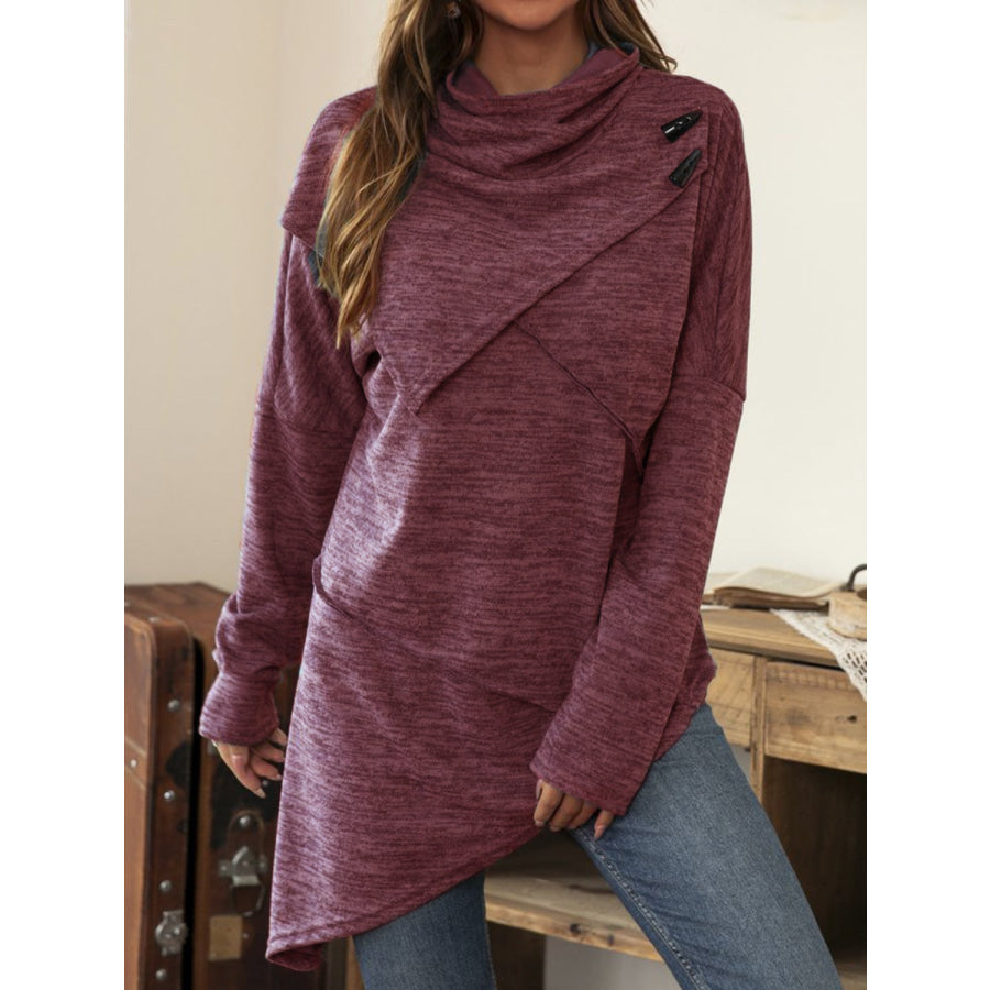 Asymmetrical Hem Cowl Neck Long Sleeve T-Shirt Deep Purple / S Apparel and Accessories