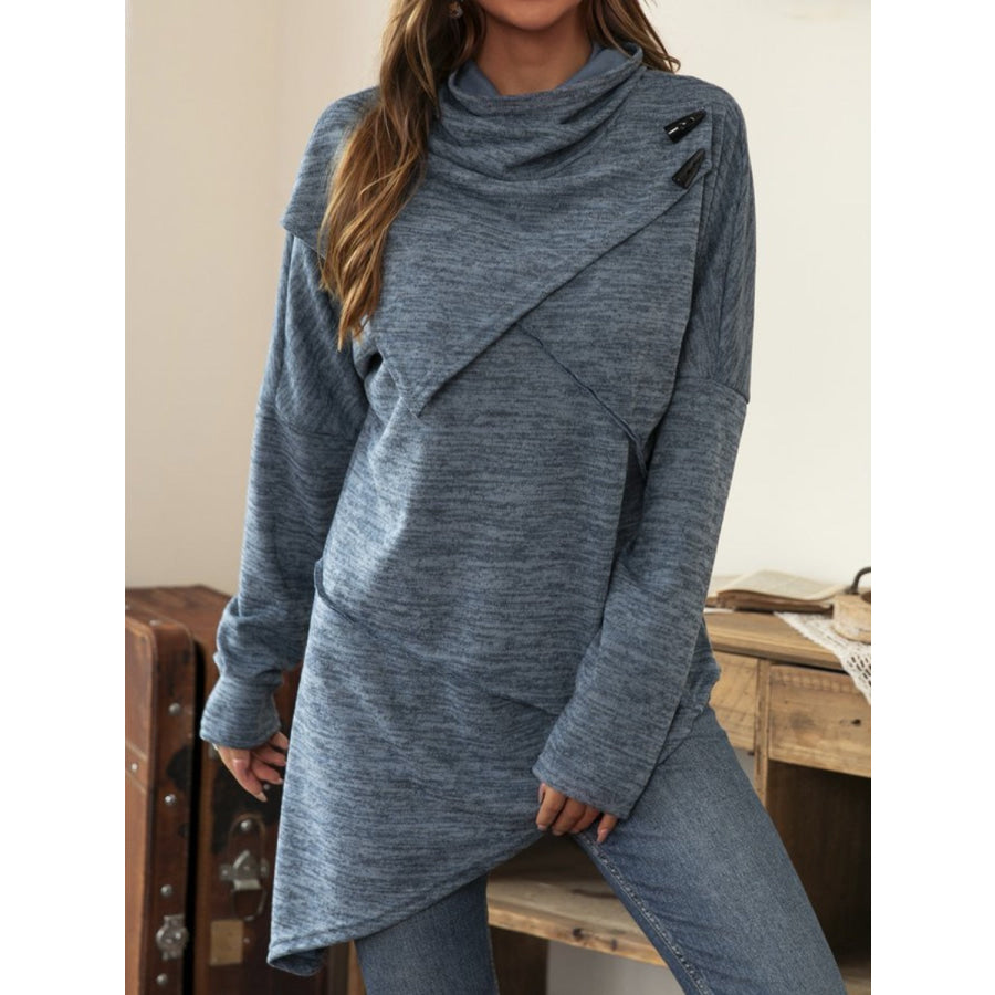 Asymmetrical Hem Cowl Neck Long Sleeve T-Shirt Dusty Blue / S Apparel and Accessories