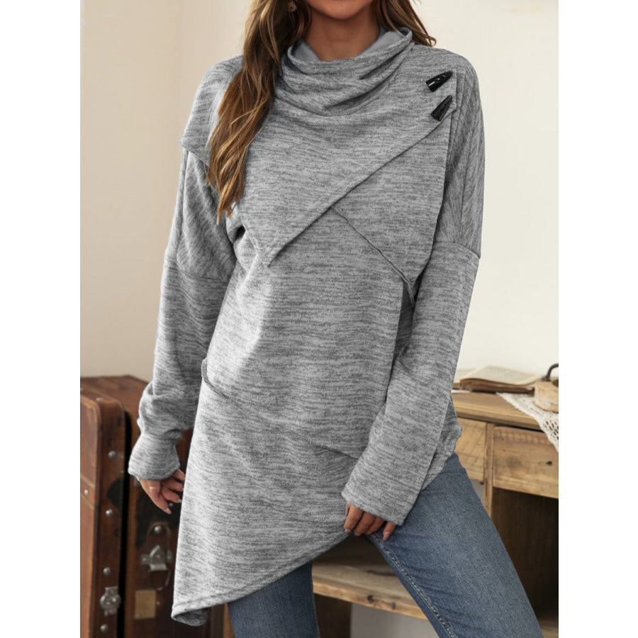 Asymmetrical Hem Cowl Neck Long Sleeve T-Shirt Gray / S Apparel and Accessories