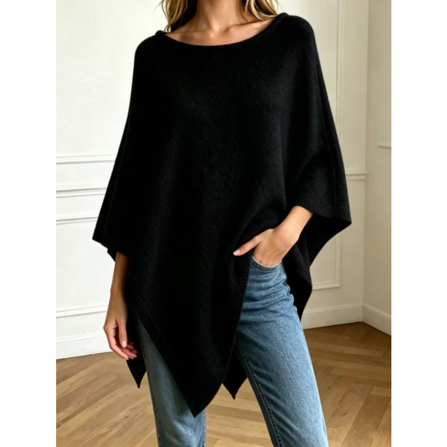 Asymmetrical Hem Knit Poncho Black / One Size Apparel and Accessories