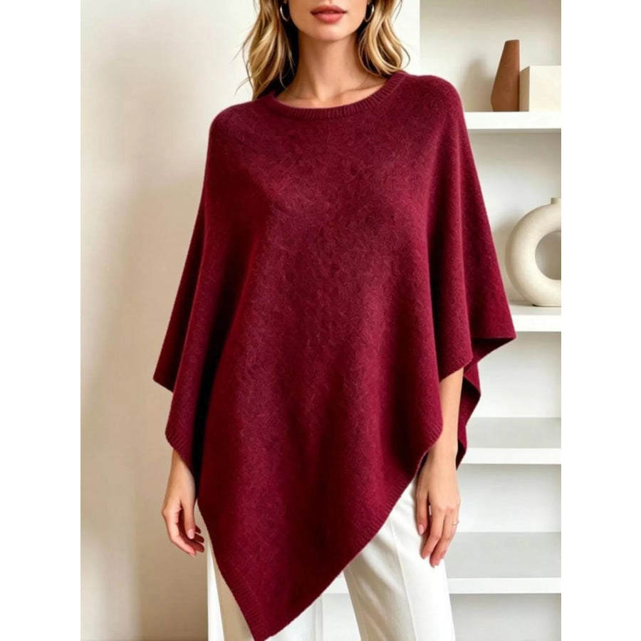 Asymmetrical Hem Knit Poncho Burgundy / One Size Apparel and Accessories