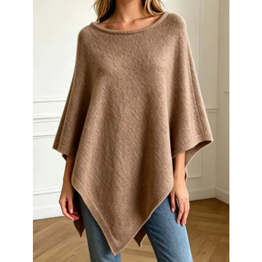 Asymmetrical Hem Knit Poncho Khaki / One Size Apparel and Accessories
