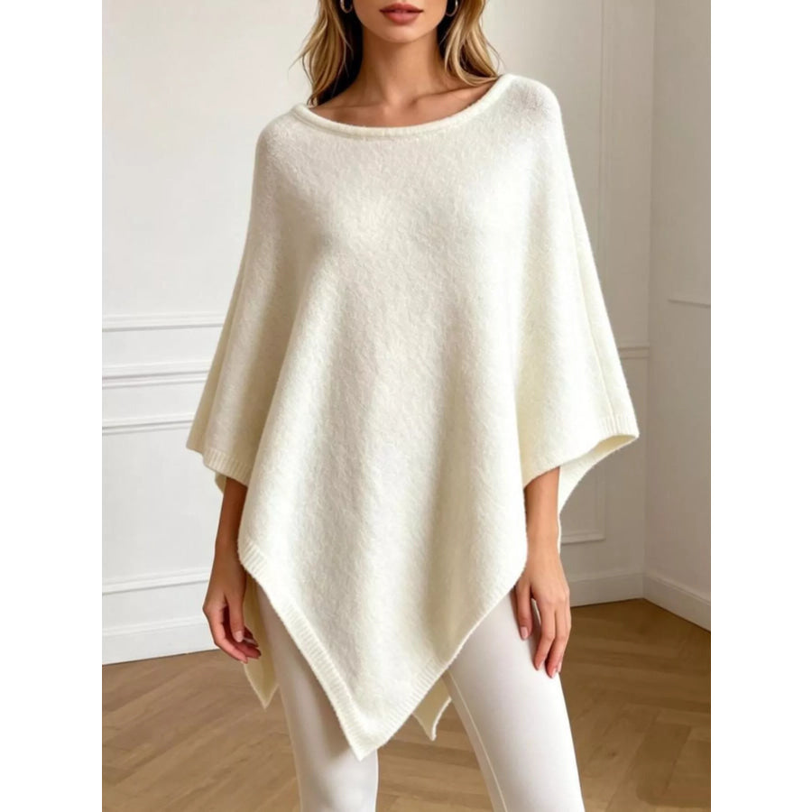 Asymmetrical Hem Knit Poncho White / One Size Apparel and Accessories