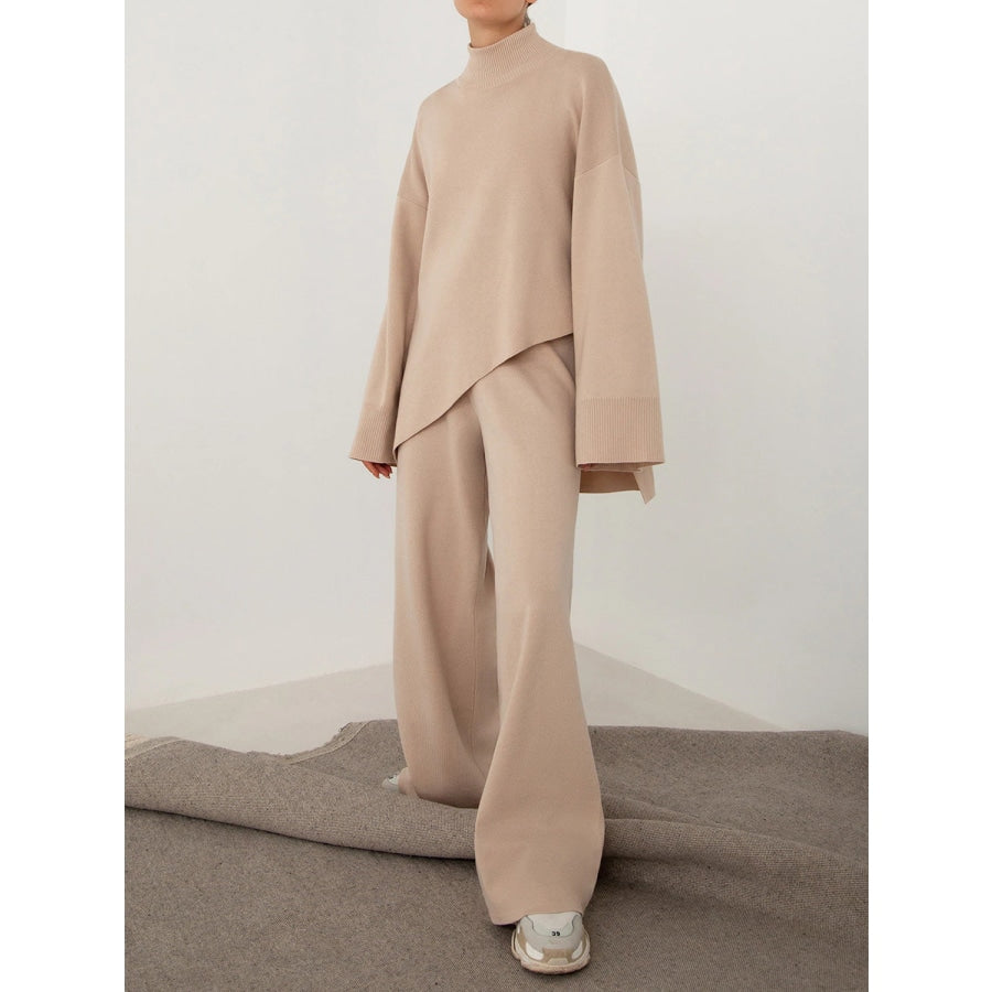 Asymmetrical Hem Knit Top and Pants Set Beige / S