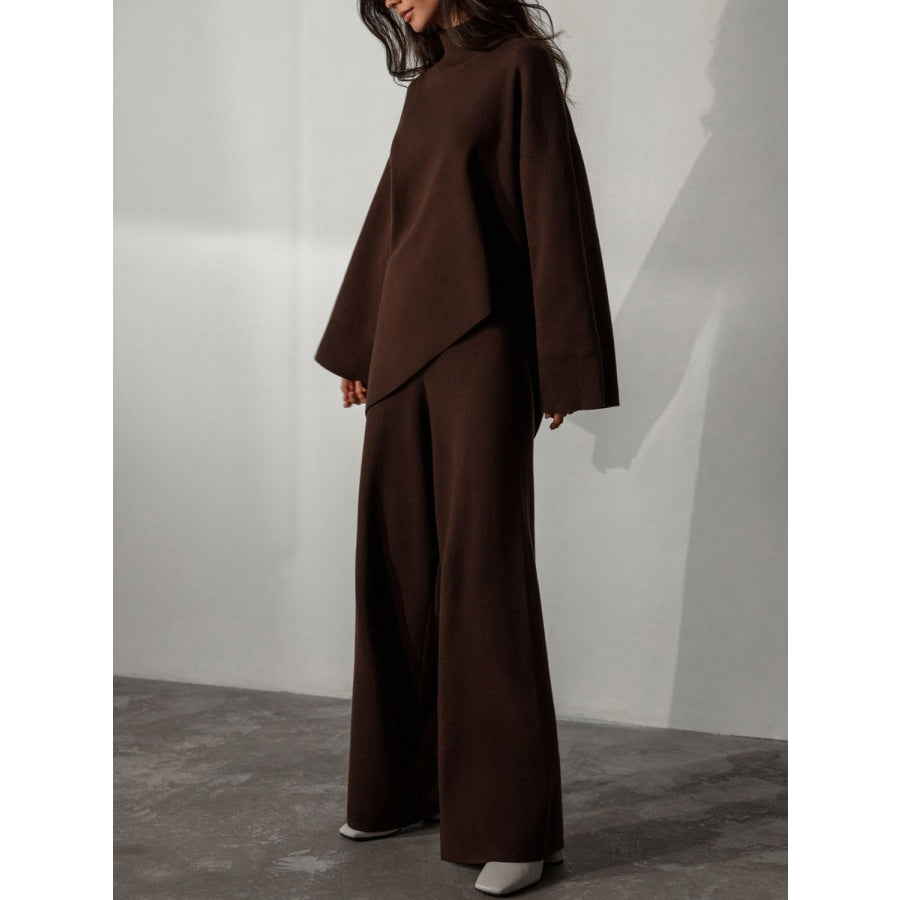 Asymmetrical Hem Knit Top and Pants Set Chocolate / S