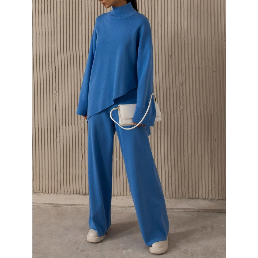 Asymmetrical Hem Knit Top and Pants Set Cobalt Blue / S