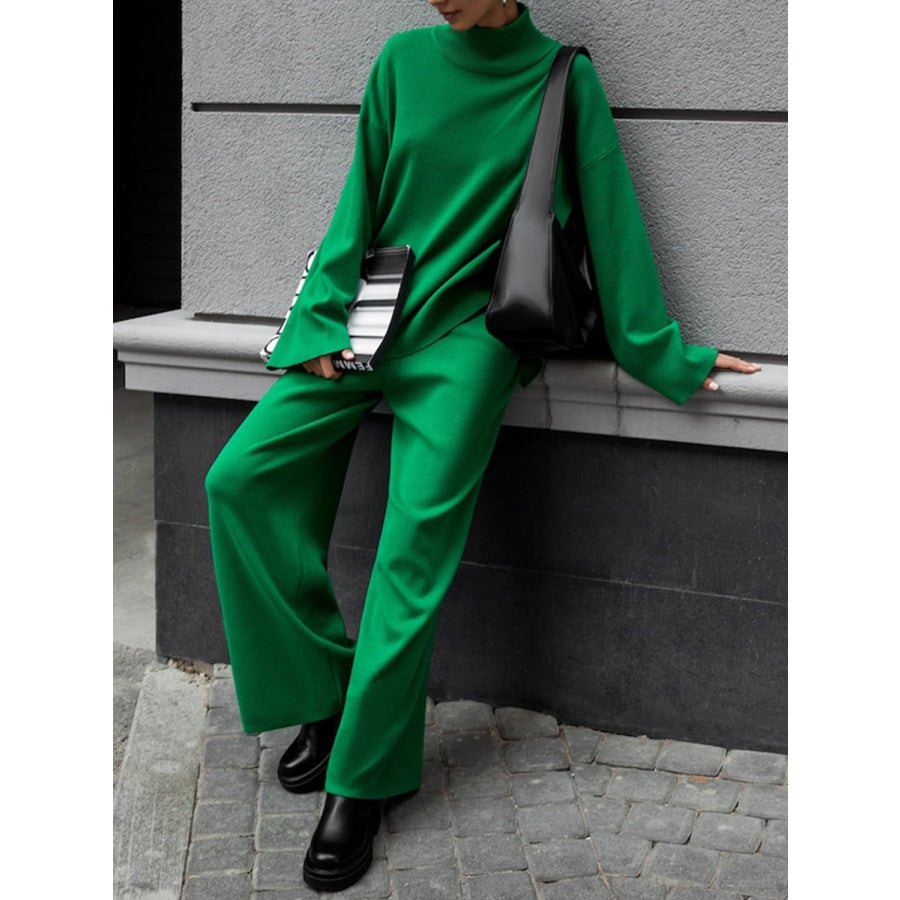 Asymmetrical Hem Knit Top and Pants Set Mid Green / S