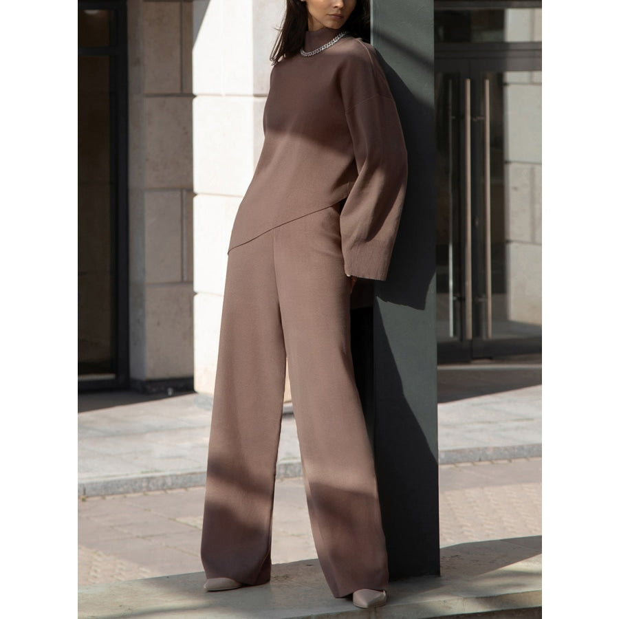 Asymmetrical Hem Knit Top and Pants Set Mocha / S