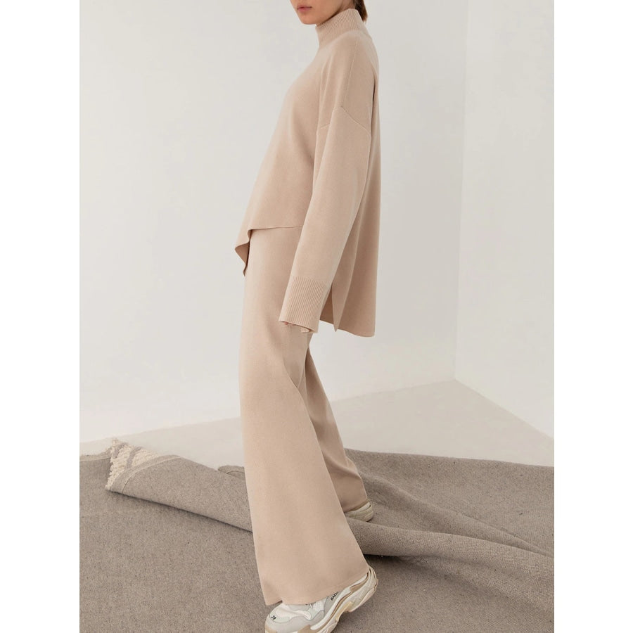 Asymmetrical Hem Knit Top and Pants Set Beige / S