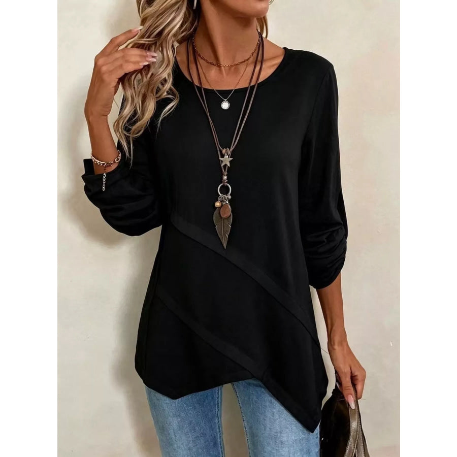 Asymmetrical Hem Solid Color Linen Blouse Black / S Apparel and Accessories