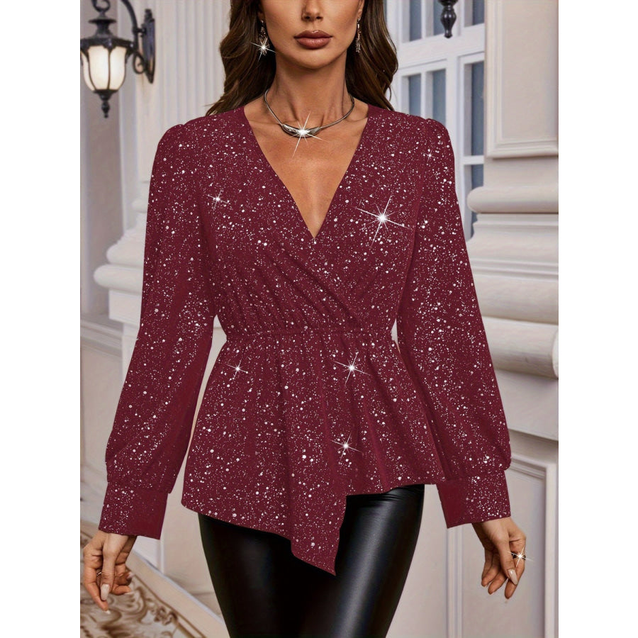 Asymmetrical Hem Surplice Long Sleeve Blouse Apparel and Accessories