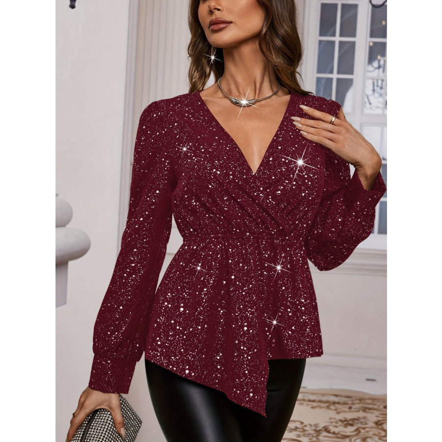 Asymmetrical Hem Surplice Long Sleeve Blouse Apparel and Accessories