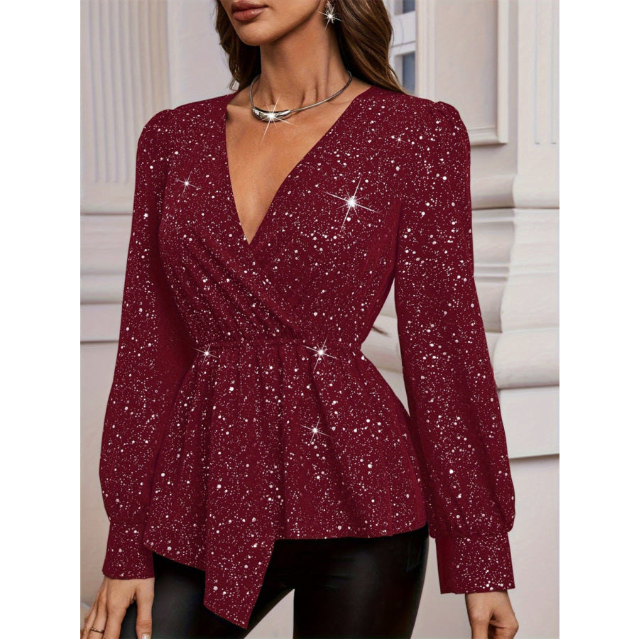 Asymmetrical Hem Surplice Long Sleeve Blouse Apparel and Accessories