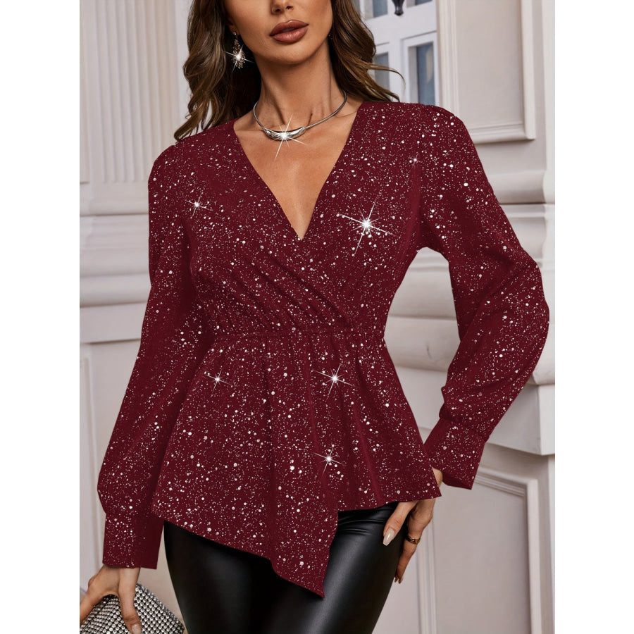 Asymmetrical Hem Surplice Long Sleeve Blouse Burgundy / S Apparel and Accessories