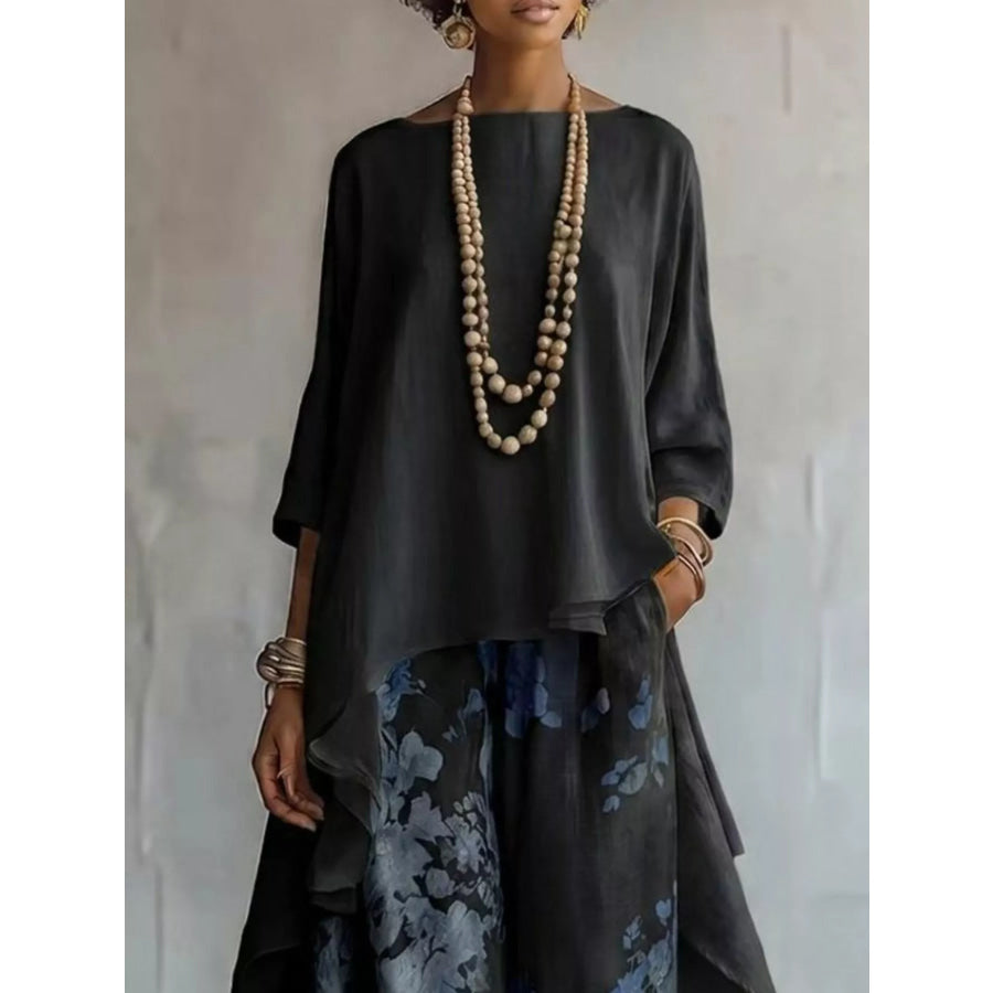 Asymmetrical Hem Top and Floral Pants Set Apparel and Accessories