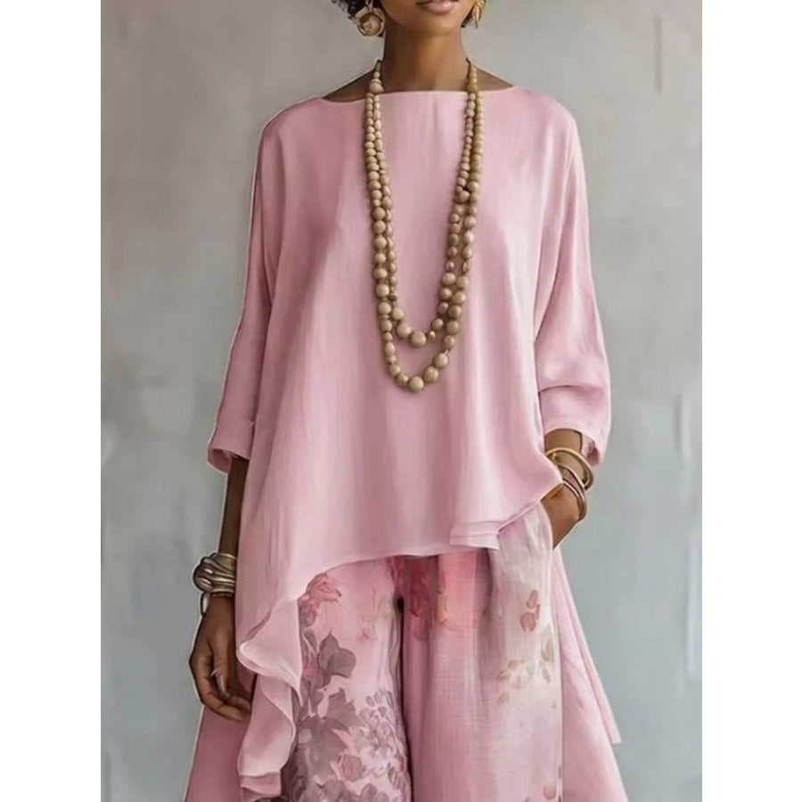 Asymmetrical Hem Top and Floral Pants Set Apparel and Accessories