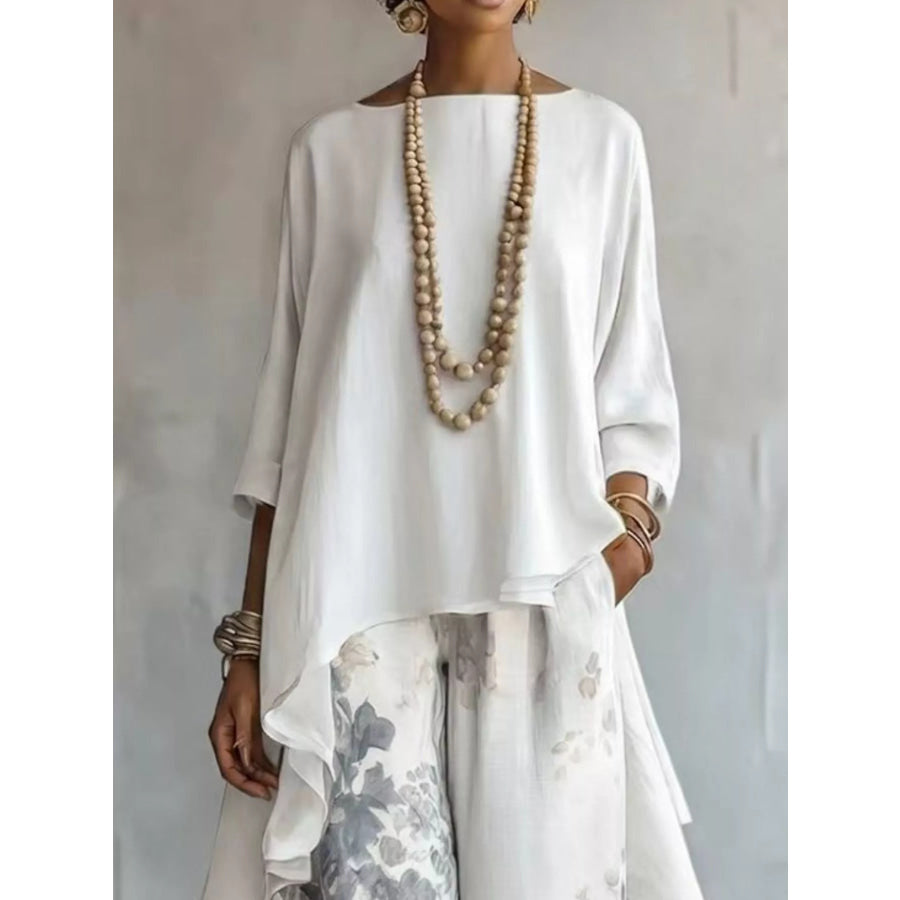 Asymmetrical Hem Top and Floral Pants Set White / S Apparel and Accessories