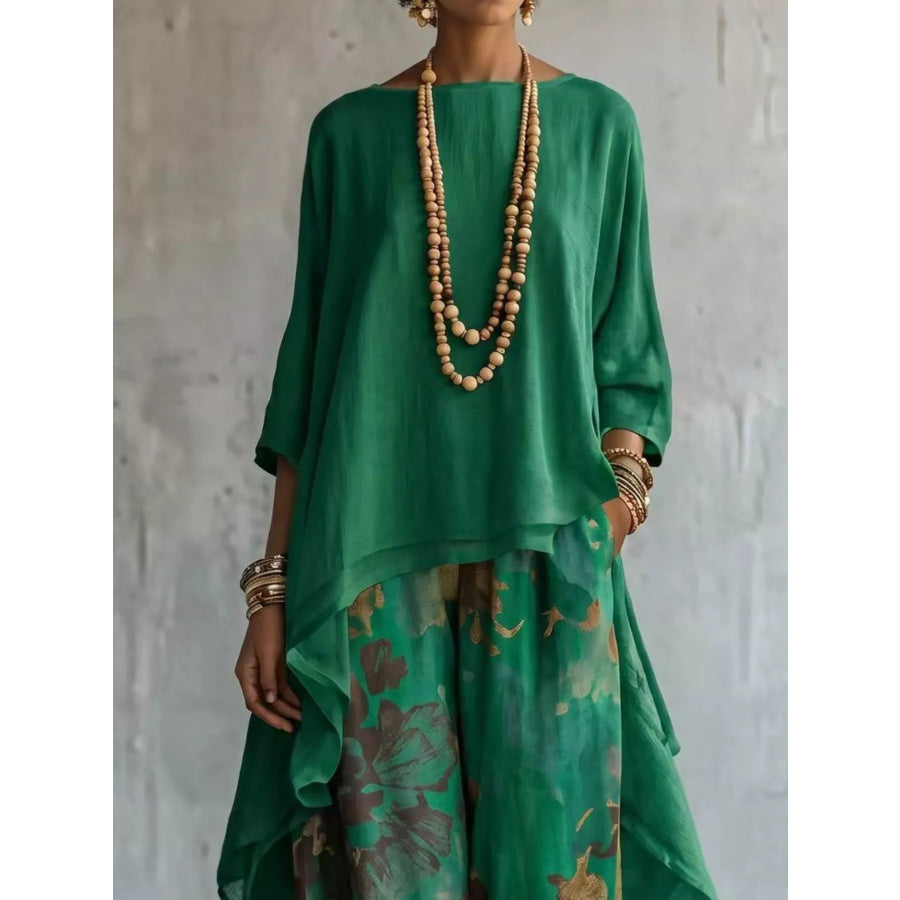 Asymmetrical Hem Top and Floral Pants Set Apparel and Accessories